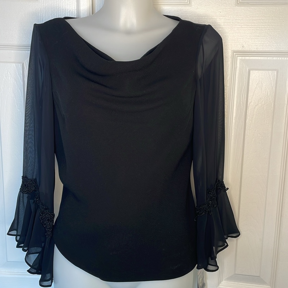 STUDIO I DRAPE COWL NECK TOP BLOUSE SHEER LONG SLEEVES with LACE BLACK SZ 6